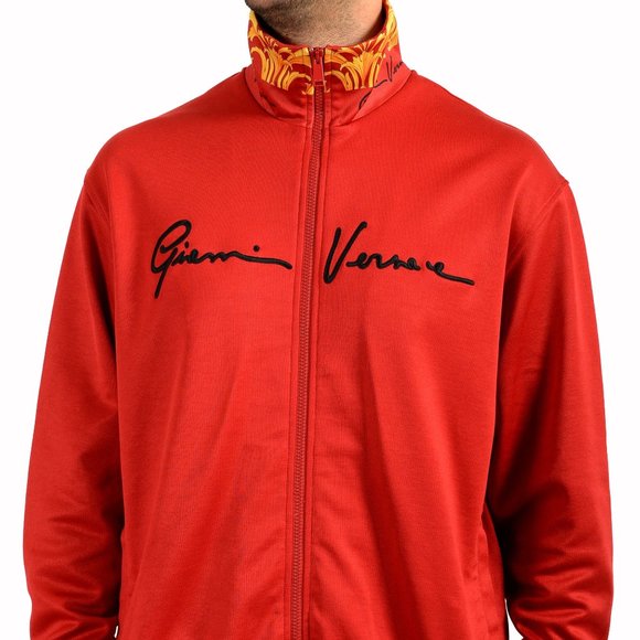 Versace Men's Red Logo Embroidered Full Zip Track Jacket